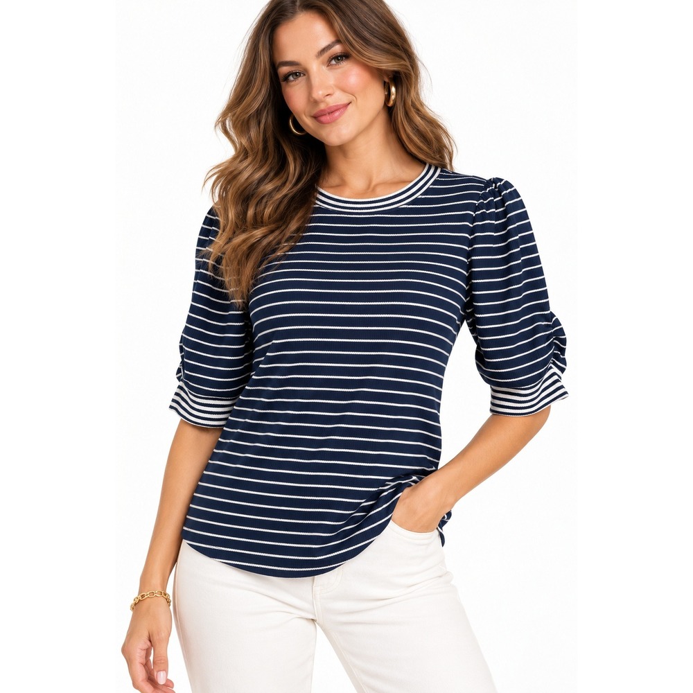 Nine Britton Cyra Ruched Sleeve Detail Knit Top Navy White Striped Size S NWT